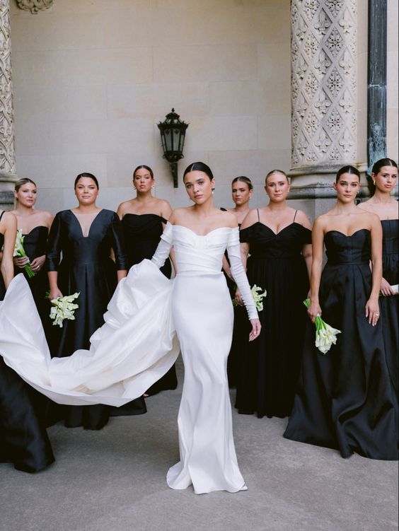 elegant strapless and off the shoulder maxi bridesmaid dresses are perfect for a sophisticated and chic wedding