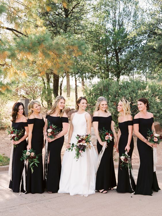 exquisite black off the shoulder maxi bridesmaid dresses and black shoes for a dark or bold fall wedding