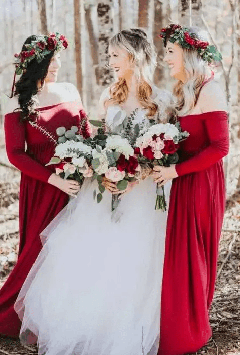 gorgeous off the shoulder burgundy maxi bridesmaid dresses and floral crowns with burgundy roses are a great idea for a fall wedding with plenty of color