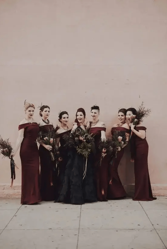 gorgeous off the shoulder burgundy sheath bridesmaid dresses and moody lips for an ultimate Halloween wedding