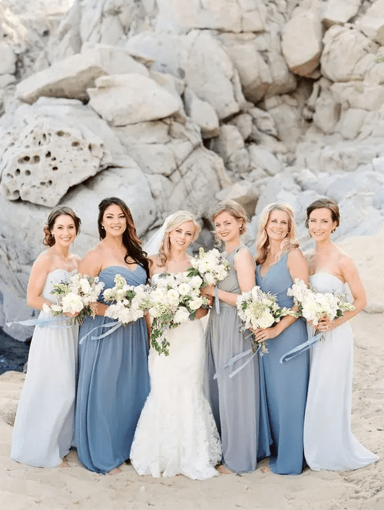 light grey, off-white and slate blue maxi gowns with thich straps or strapless ones for a lovely and chic beach wedding
