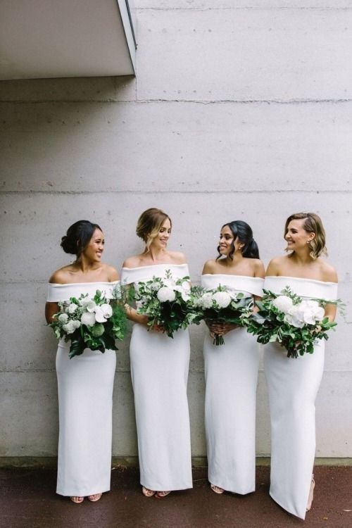 minimalist white off the shoulder maxi bridesmaid dresses are a great idea for a modern or minimalist wedding