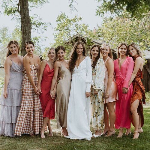 mix and match bridesmaid dresses in light bluem pink, blush, hot pink, of  solid colors and with some prints