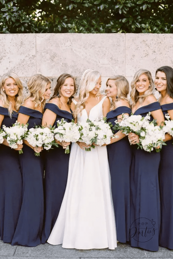 navy off the shoulder maxi bridesmaid dresses are a very elegant option that never goes out of style