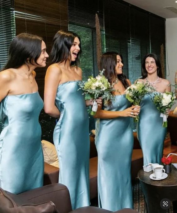 ocean blue strapless stain bridesmaid dresses are a cool solution for a minimalist ocean or coastal wedding