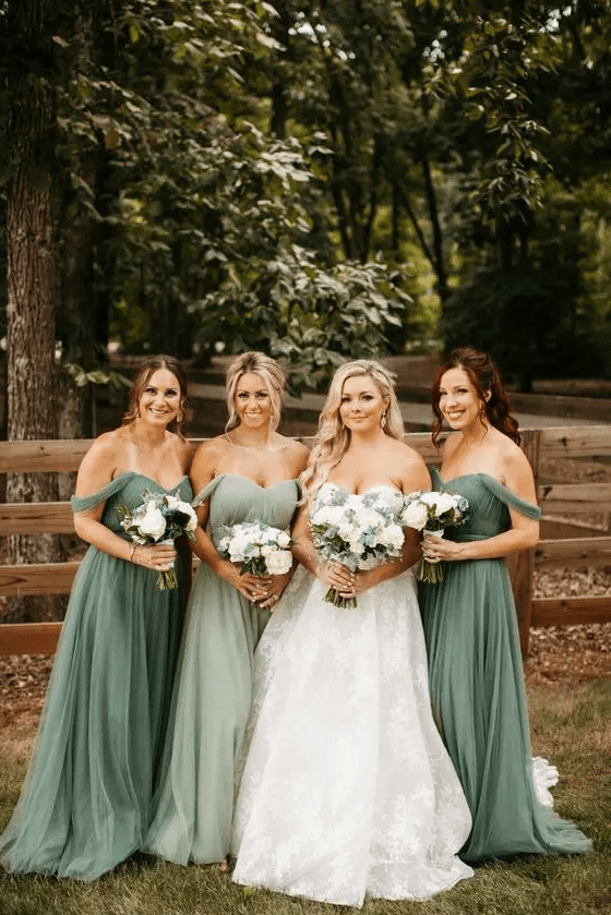 off the shoulder maxi pleated bridesmaid dresses with sweetheart necklines are great for a refined wedding
