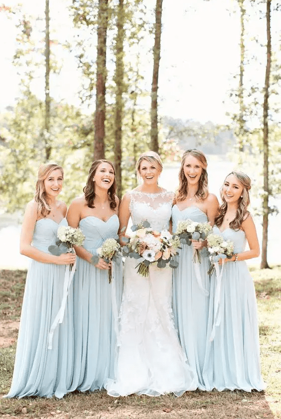 pale blue sweetheart neckline strapless dresses with flowy skirts will be a beautiful solution for a spring or summer wedding