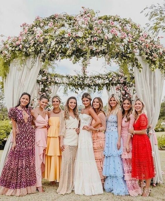 pastel and colorful mix and match bridesmaid dresses with and without prints for a bright wedding