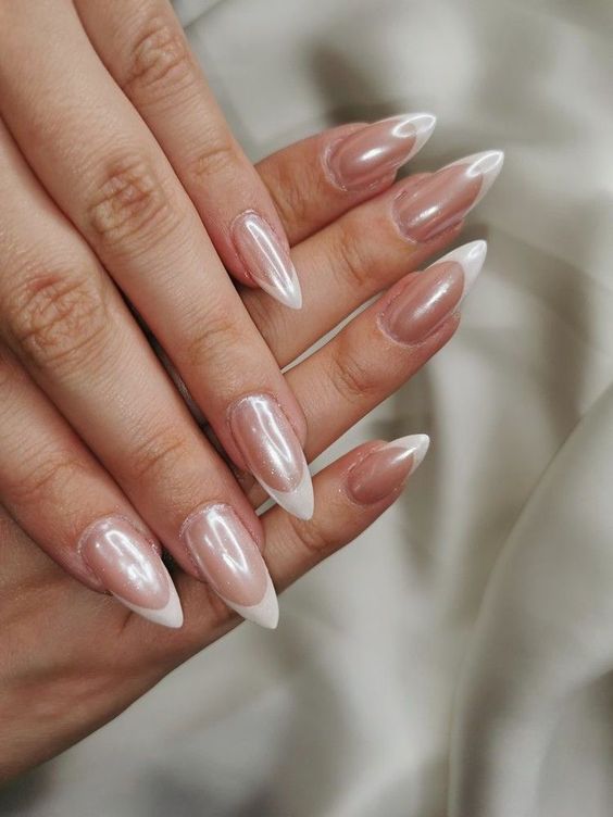 pointed nails with a trendy glazed donut French manicure are adorable and perfect for any bride