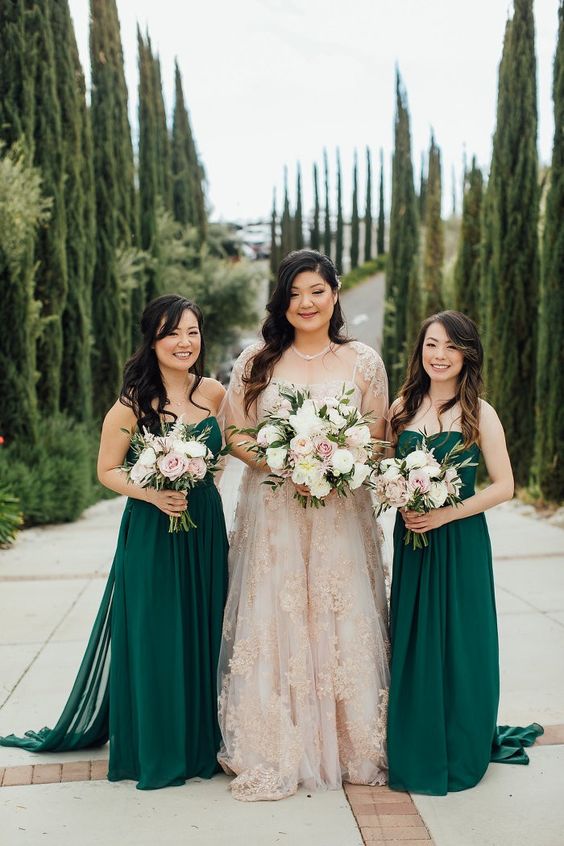refined green strapless bridesmaid dresses with pleated skirts and trains are a sexy and cool solution for the fall