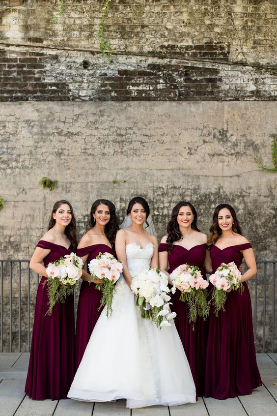 refined off the shoulder marsala bridesmaid dresses with pleated skirts are a chic and refined idea for a fall wedding