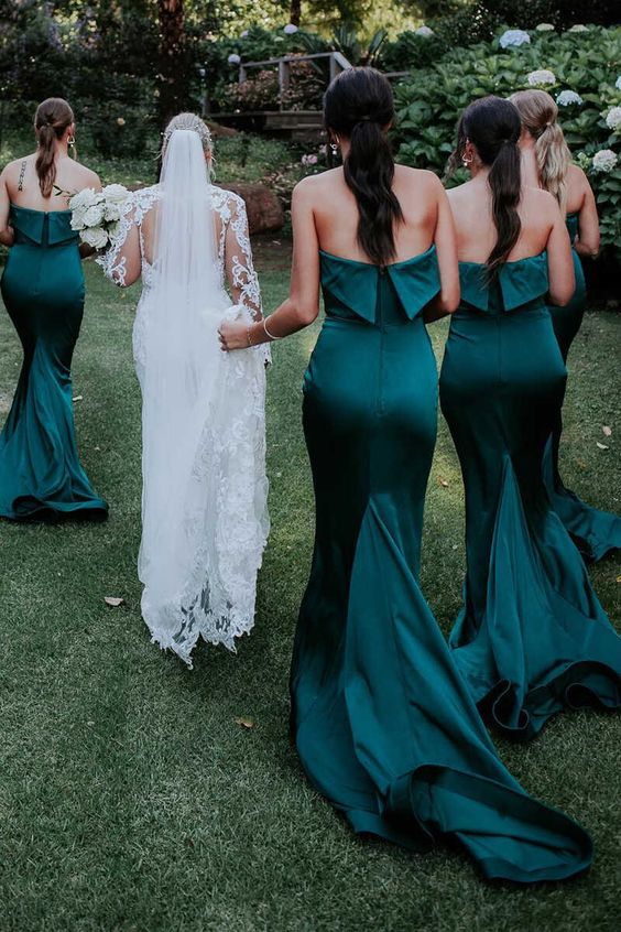 sexy and chic forest green strapless mermaid bridesmaid dresses with trains are amazing for a fall wedding