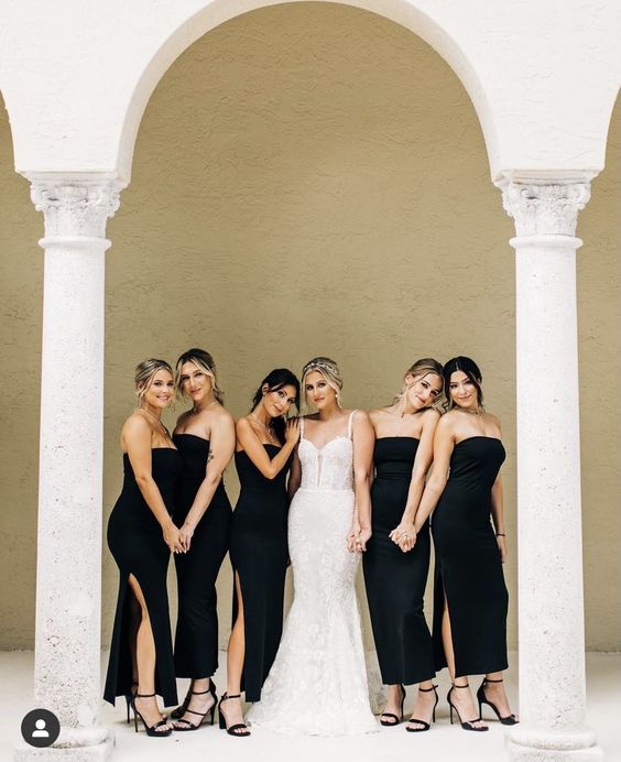 sexy black strapless maxi bridesmaid dresses paired with black shoes are amazing for any wedding