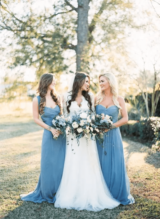 slate blue strap and strapless maxi dresses are a great idea for spring and summer brides or for weddings with blue in the color scheme