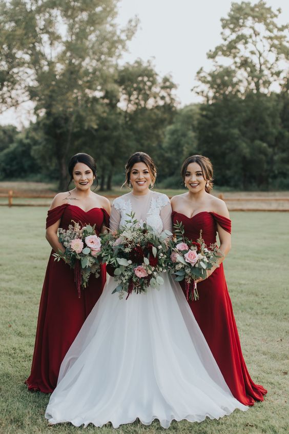 sophisticated burgundy off the shoulder maxi bridesmaid dresses are a great idea for a fall or winter wedding
