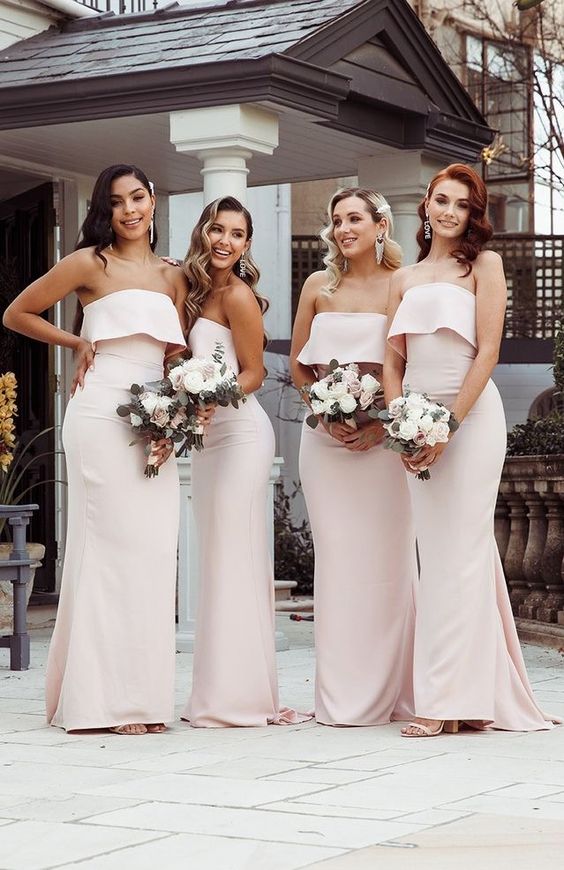 strapless blush maxi bridesmaid dresses are  alovely idea for modern spring and summer weddings