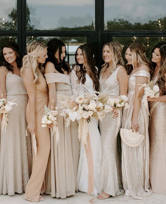 stylish neutral strap and off the shoulder maxi bridesmaid dresses in various shades and with different detailing are cool