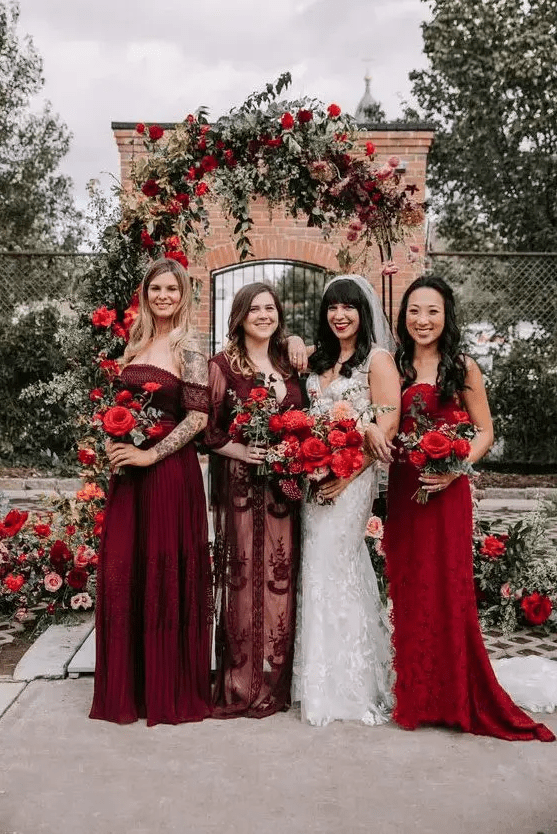 stylish red and burgundy maxi bridesmaid dresses, off the shoulder, strapless and usual ones for a winter wedding