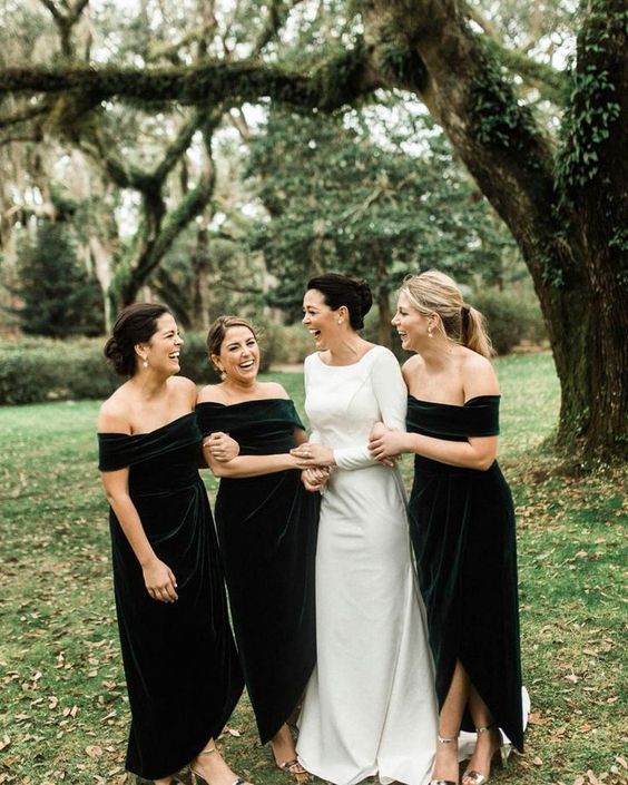 timeless off the shoulder green velvet high low bridesmaid dresses and silver shoes for a fall wedding