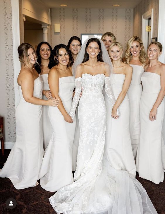 white strapless mermaid bridesmaid dresses are great for an elegant spring or summer wedding, they are chic and trendy