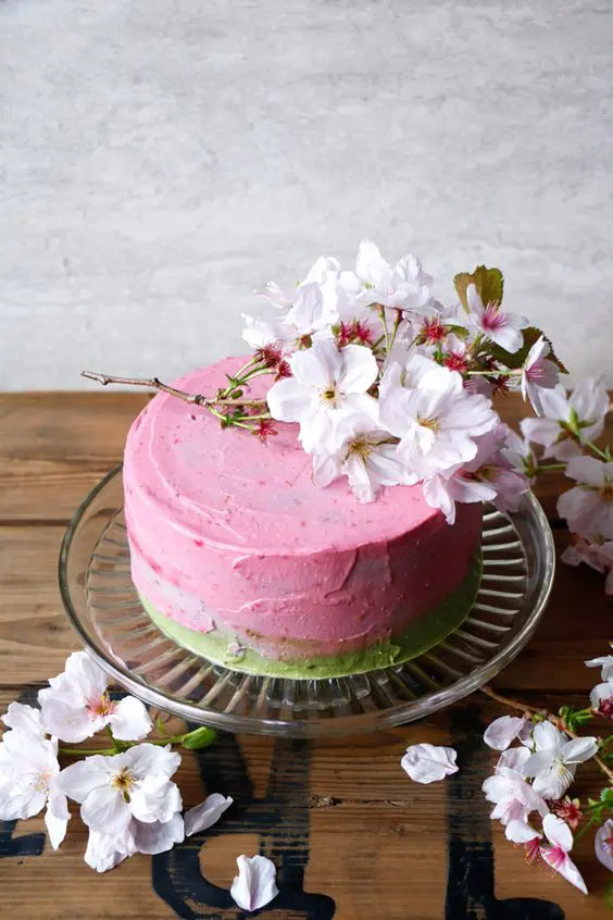 a pink and green textured wedding cake topped with cherry blossom is ideal for spring