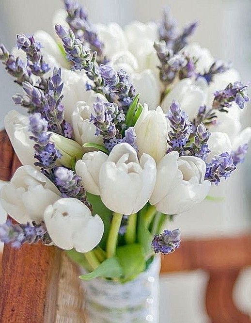 a pretty spring wedding bouquet of white tulips and lilac ones is a lovely idea for a spring wedding, you can compose it yourself