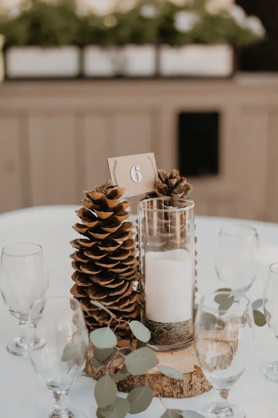 a simple and cool woodland wedding centerpiece of a tree slice, greenery and large pinecones plus a table number