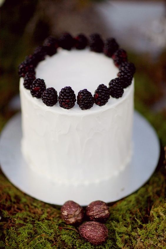 a white textured wedding cake topped with blackberries is a cool idea for a fall wedding, and you can decorate it yourself