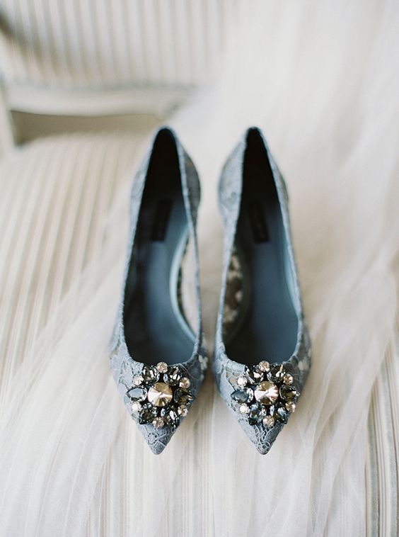 blue lace wedding shoes with embellishments are a gorgeous idea for a glam bridal look
