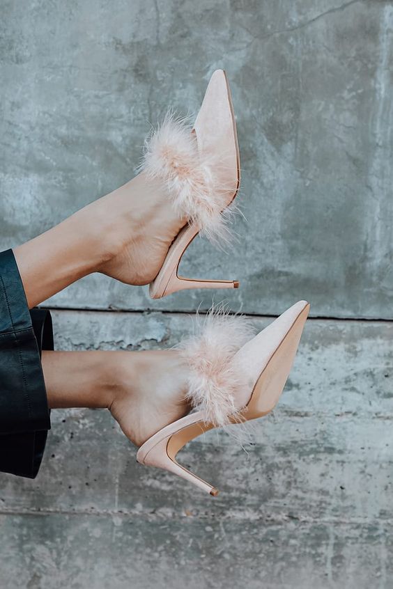 blush heeled mules with feather straps will be an adorable idea for a modern bridal look