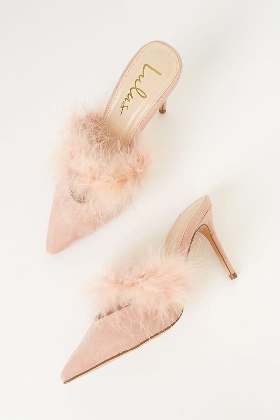 blush wedding mules with feathers are a chic and lovely solution for a bridal look