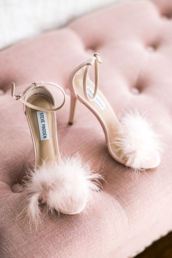 blush wedding sheos with feather tops and ankle straps are amazing for a glam and chic wedding