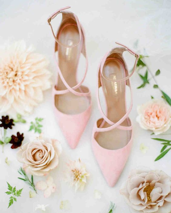 blush wedding shoes with criss cross straps and ankle straps are amazing for a delicate spring or summer bridal look
