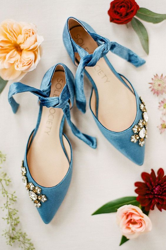 bold blue wedding flats with embellishments are a perfect idea for many bridal outfits, and you can tie a knot or make bows