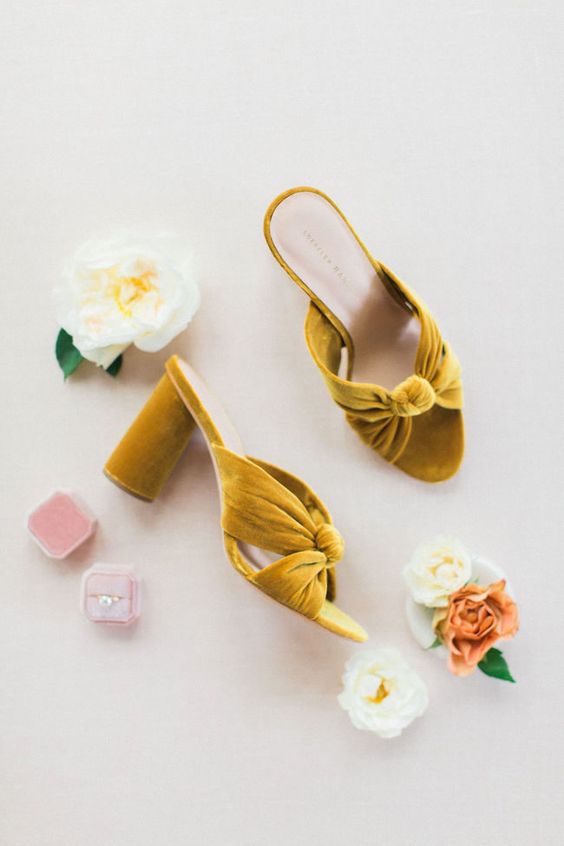 bold yellow velvet draped mules with block heels are adorable for summer and fall weddings, chic and trendy