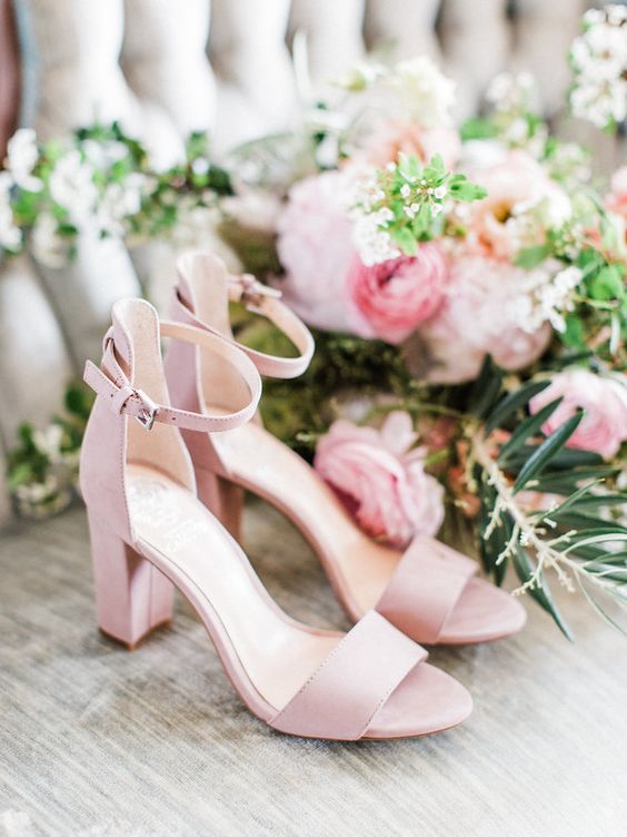 classic blush minimalist wedding shoes with comfy block heels and ankle straps will never go out of style