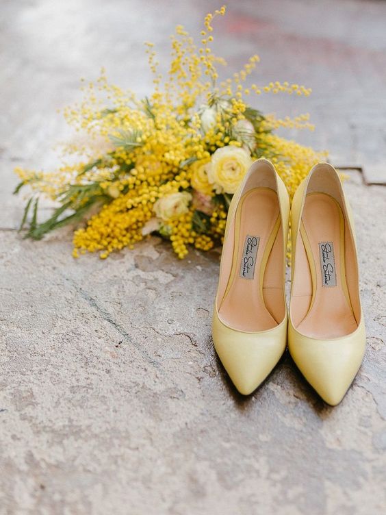 classic lemon yellow pumps will never go out of style and can be worn with any looks, not only wedding ones