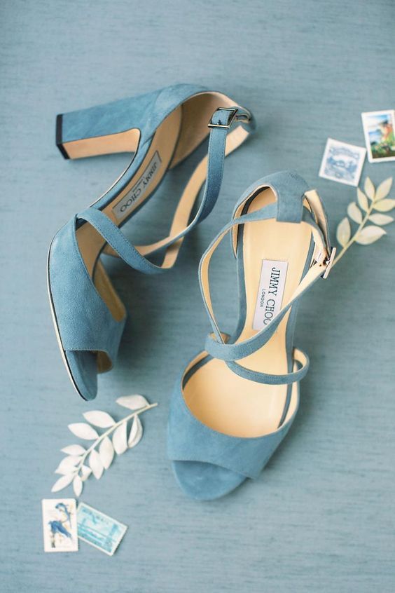 classy blue wedding shoes with criss cross straps and comfy block heels are always a good idea