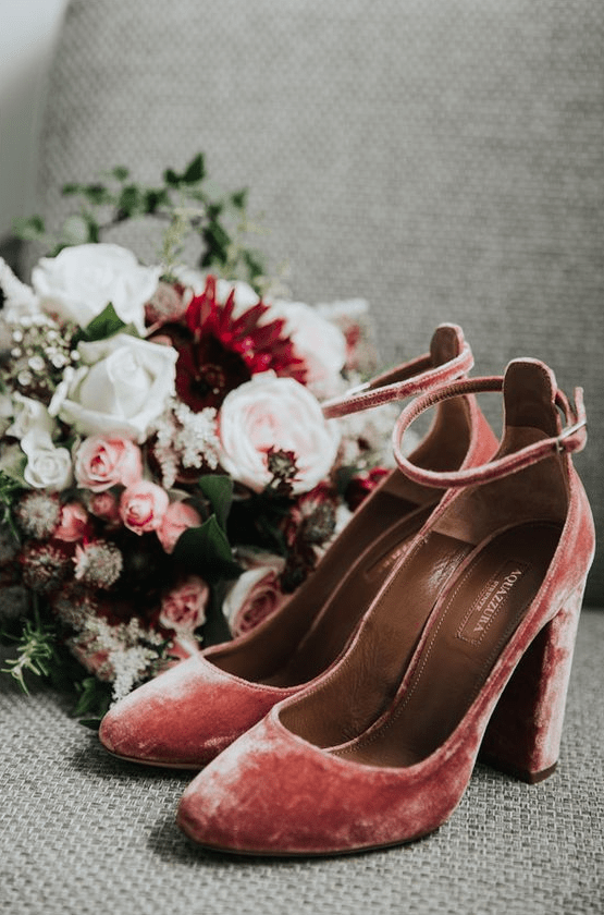 classy pink velvet wedding shoes with ankle straps and block heels are amazing for summer and fall