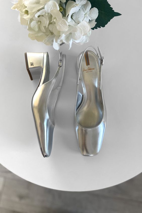 classy silver square toe wedding slingbacks are a very fashionable idea for a bride, and you can wear them afterwards