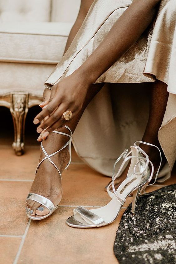 classyc silver lace up wedding shoes are always a good idea for a glam bride