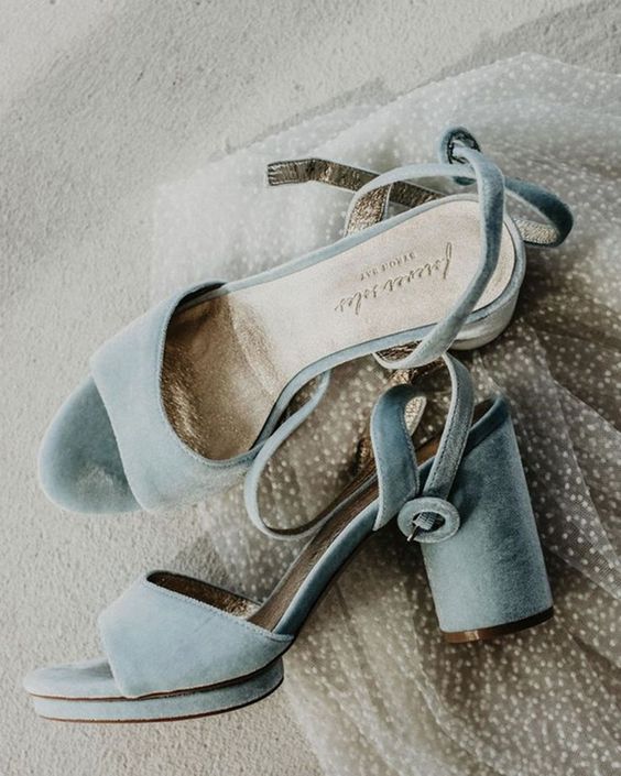 comfortable pastel blue suede wedding shoes with block heels and laces are amazing for spring or summer