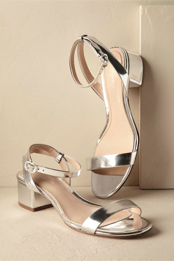 comfortable silver wedding heeled sandals with block heels and straps are a cool idea for a modern bride