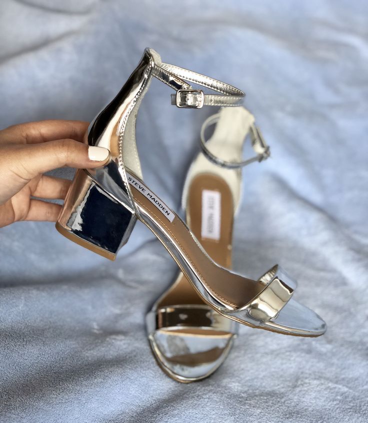 Comfy and cool shiny silver wedding shoes with ankle straps and non high block heels are perfect for any wedding