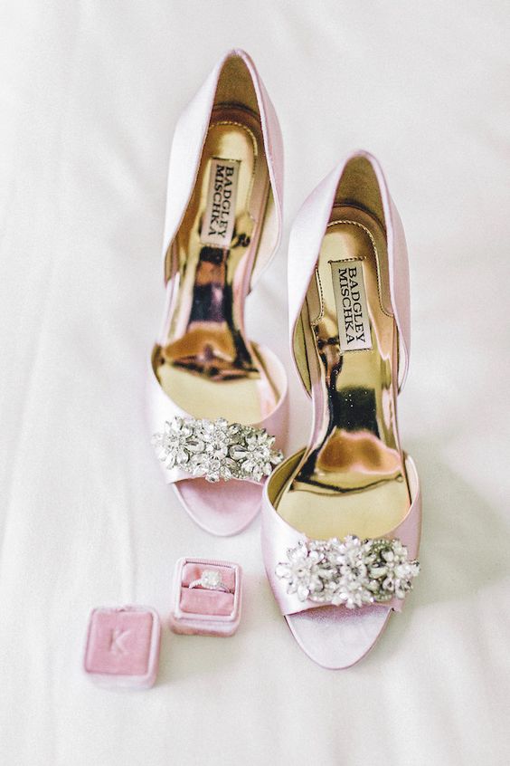 embellished light pink peep toe wedding shoes are a chic and glam solution for any bride, they will work for many formal and glam looks