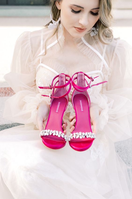fuchsia wedding shoes with a double ankle strap and embellished tops are amazing for a bold wedding