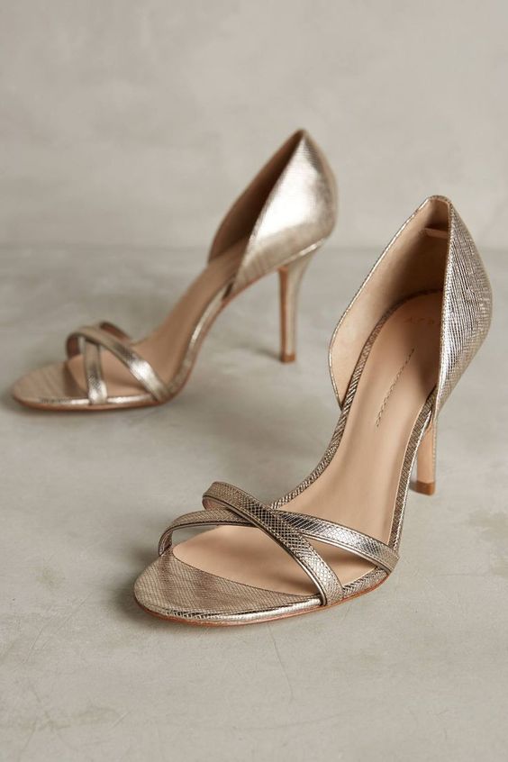 glam and shiny silver wedding shoes with criss cross strap tops are a fantastic idea for a modern bride