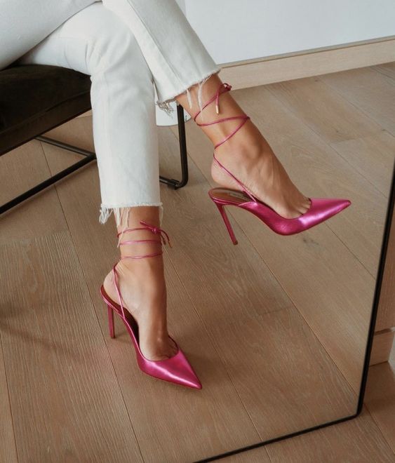 glam metallic pink wedding shoes with lacing up and pointed toes are amazing for a spring or summer wedding