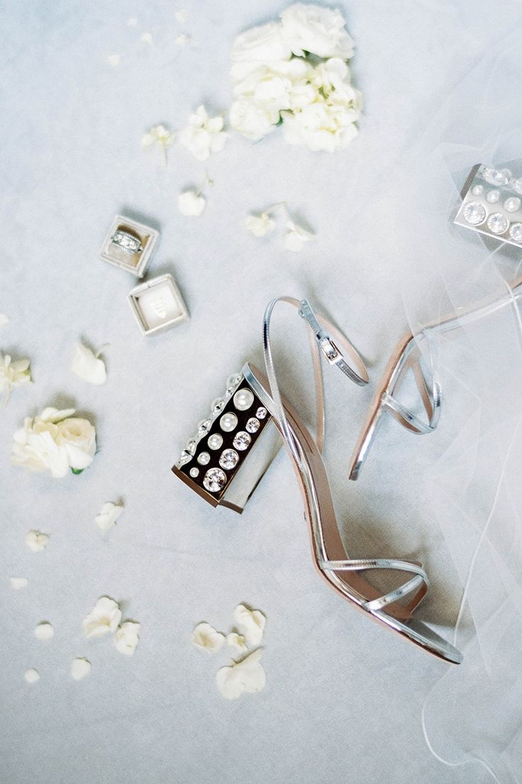 glam silver strappy wedding shoes with embellished heels with pearls and rhinestones are a fantastic idea for a wedding