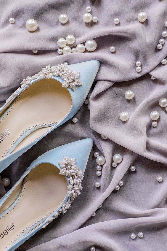 gorgeous light blue wedding flats with embellished flowers on top are fantastic for a glam and delicate bridal look